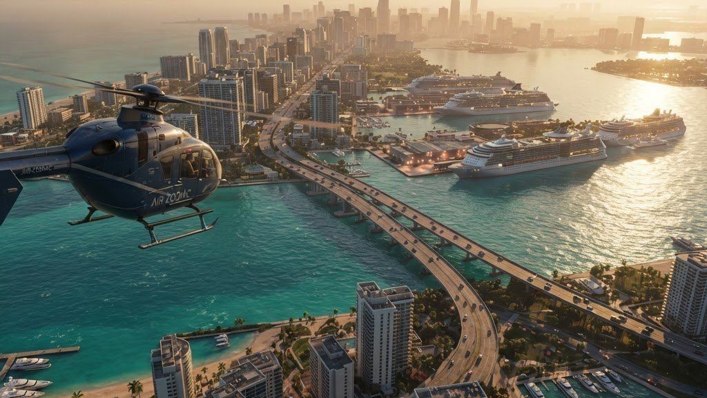 Blurred aerial frame of bridges over turquoise water and a coastal skyline
