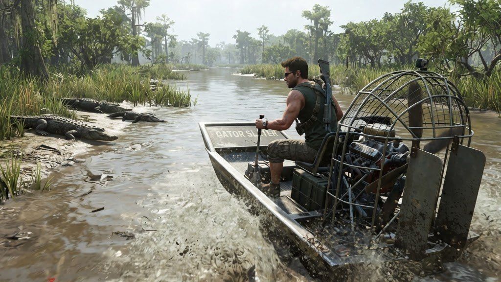 Blurred frame of an airboat speeding through a swamp with alligators on the bank