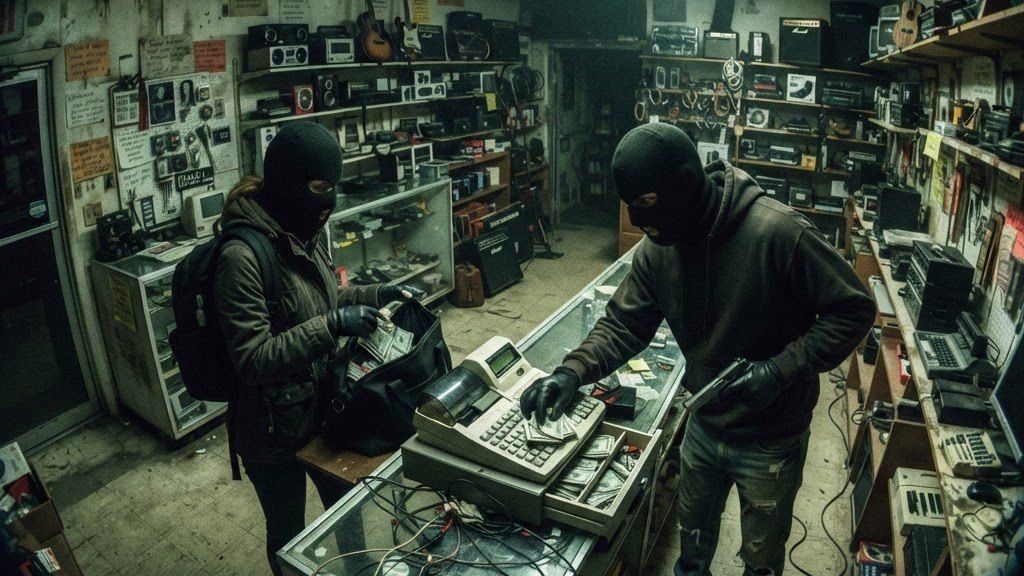 Blurred security-camera frame of a pawn shop robbery
