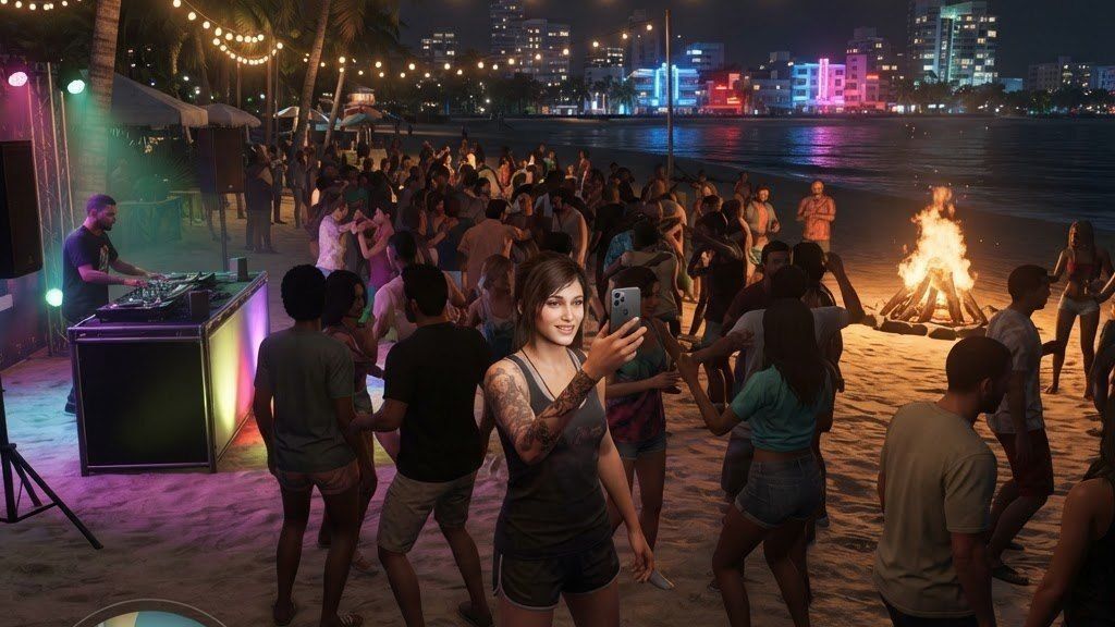 Blurred frame of a crowded beach party at night with string lights and a neon skyline