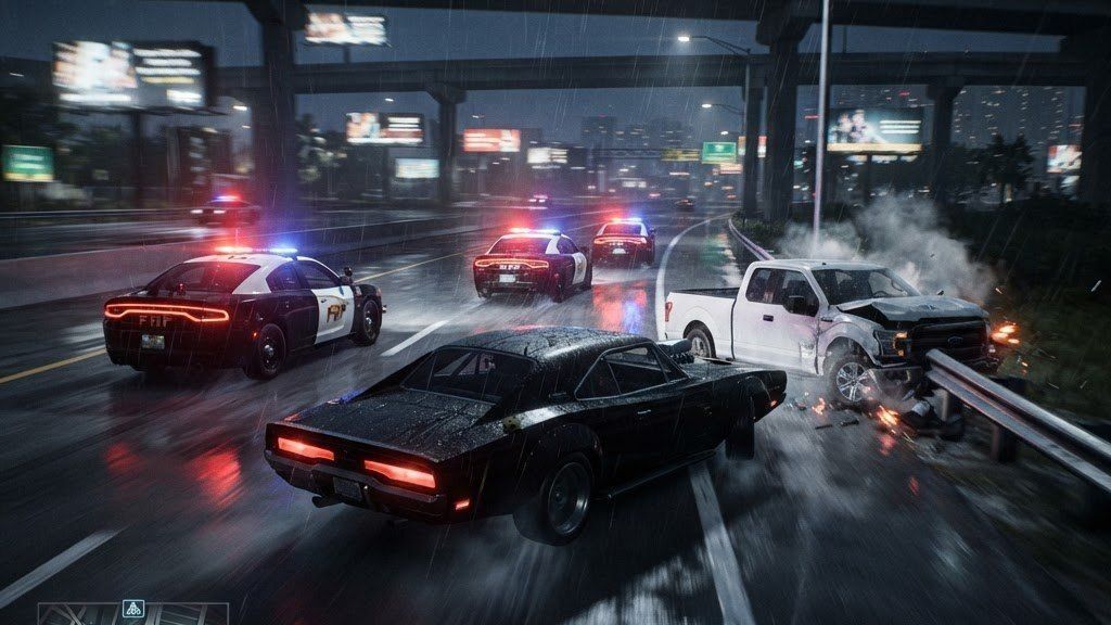 Blurred frame of a black muscle car drifting on a wet highway with police lights behind