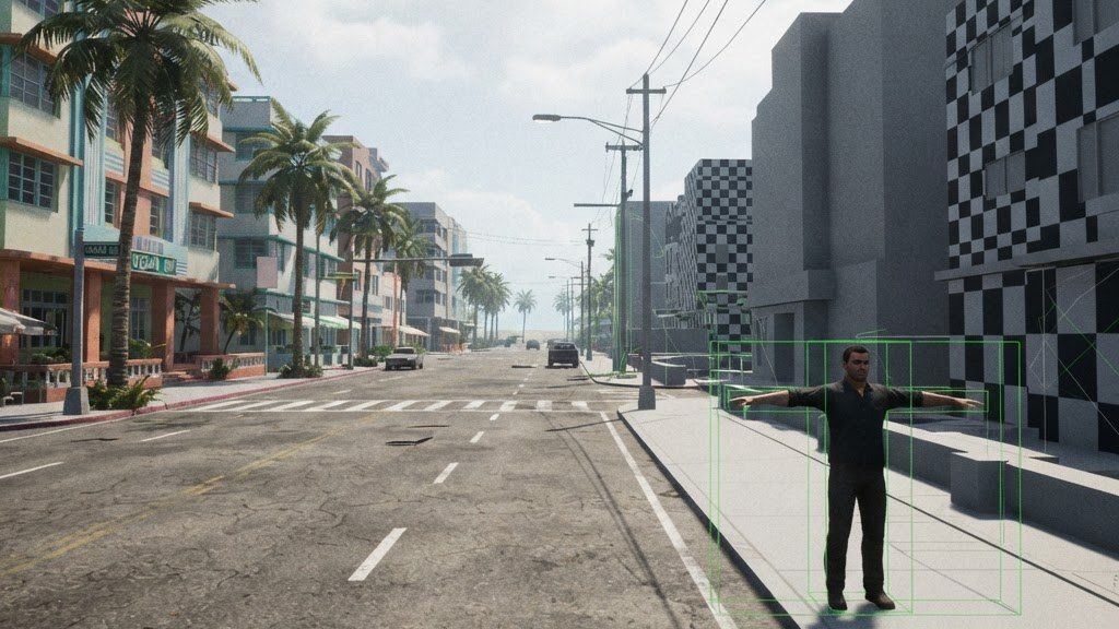 Blurred low-quality capture of an unfinished game build with grey blockout buildings