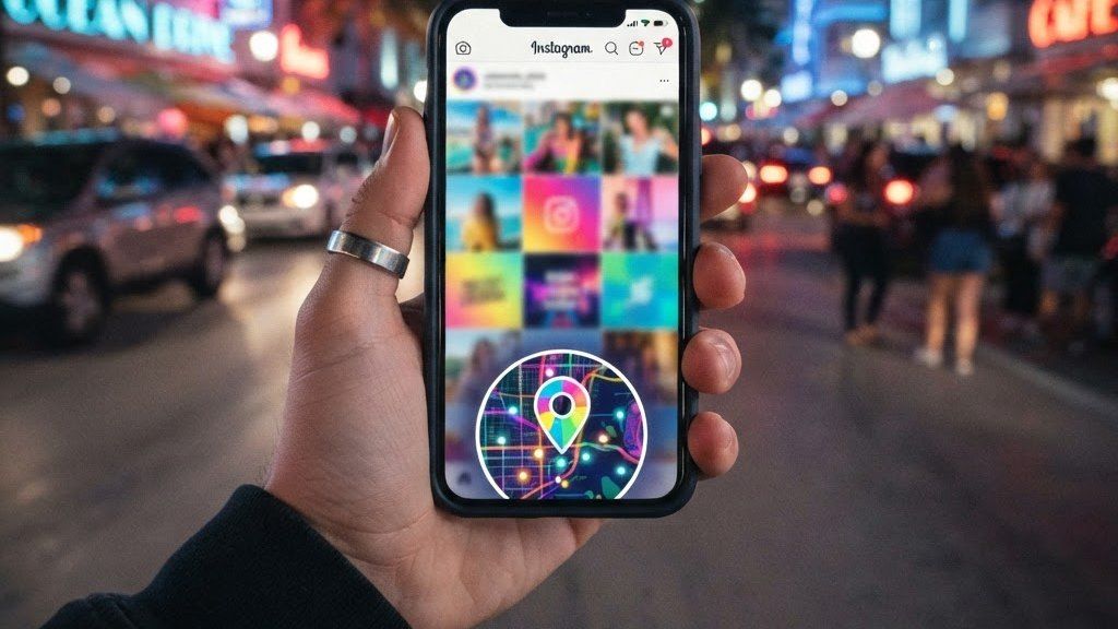 First-person view of a hand holding a smartphone with a colourful social app open, blurred neon street behind