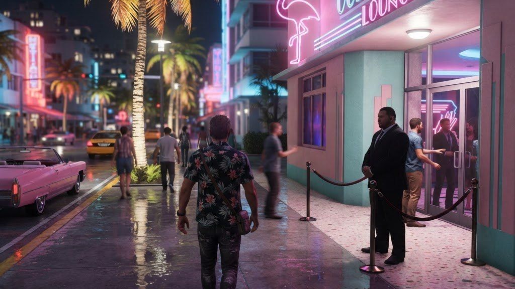 Blurred frame of a man approaching a neon-lit art deco nightclub entrance