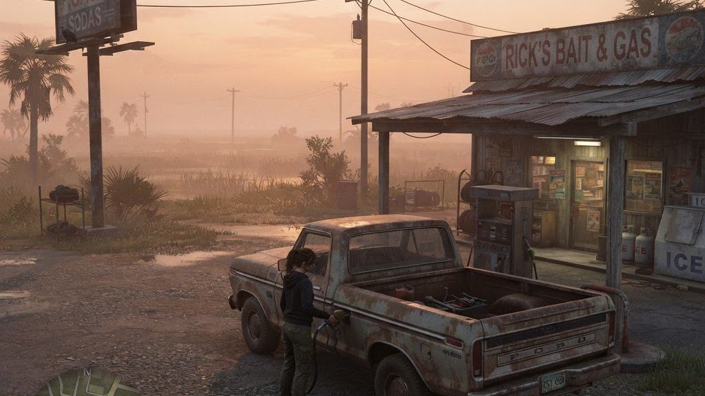 Blurred frame of a woman fuelling a pickup at a rural gas station at dawn