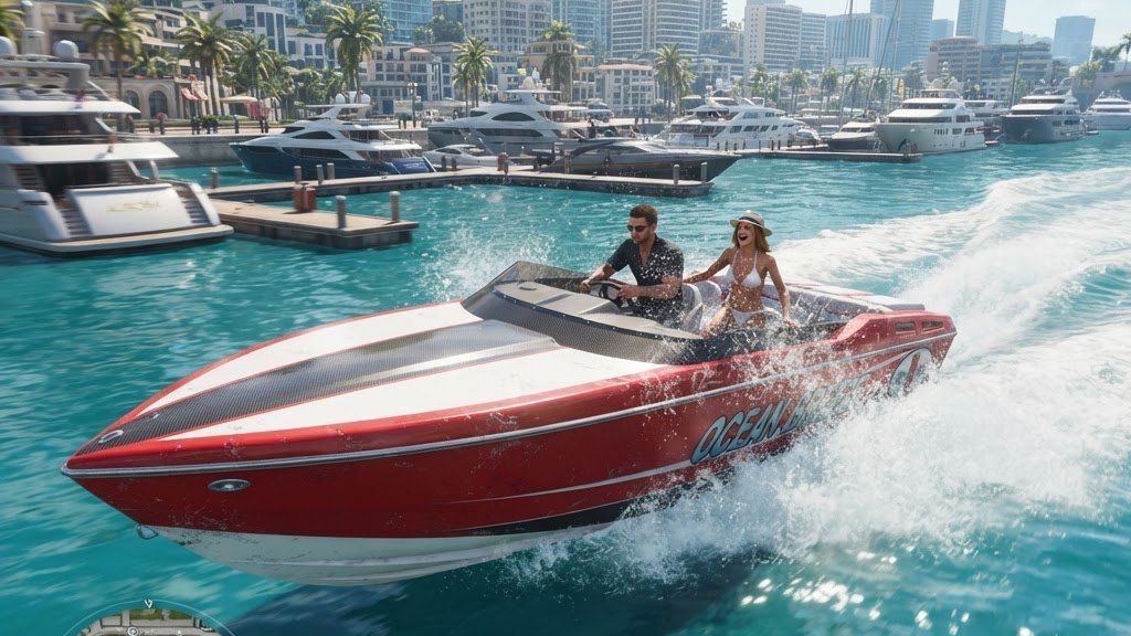 Blurred frame of a speedboat leaving a marina lined with yachts