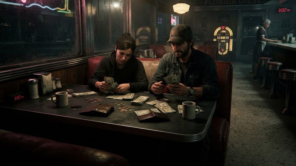 Two characters counting cash in a retro diner booth at night under a hanging lamp