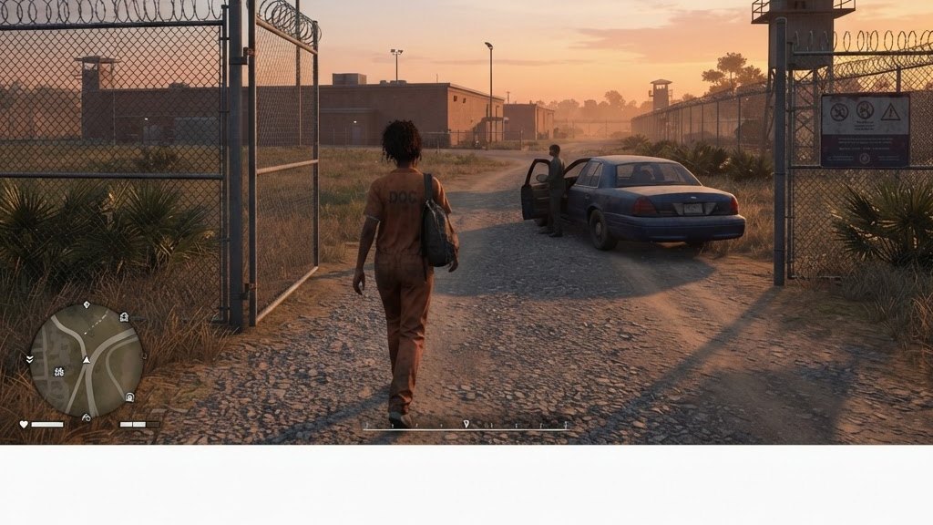 Blurred frame of a woman in an orange jumpsuit leaving a prison gate at sunrise