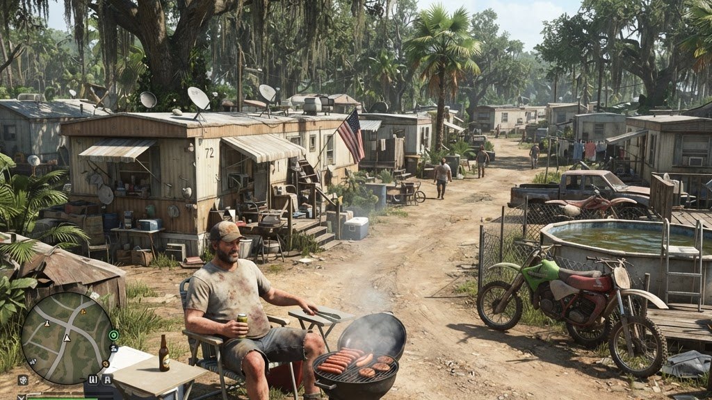 Blurred frame of a man grilling in a lawn chair at a Florida trailer park