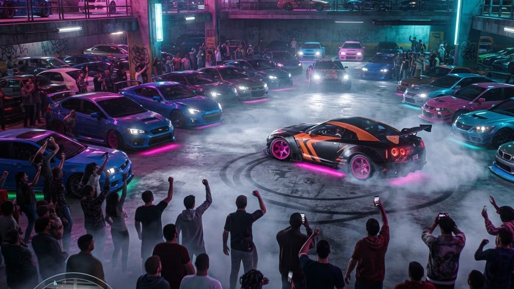 Underground parking garage car meet with modified cars, underglow, and a crowd filming