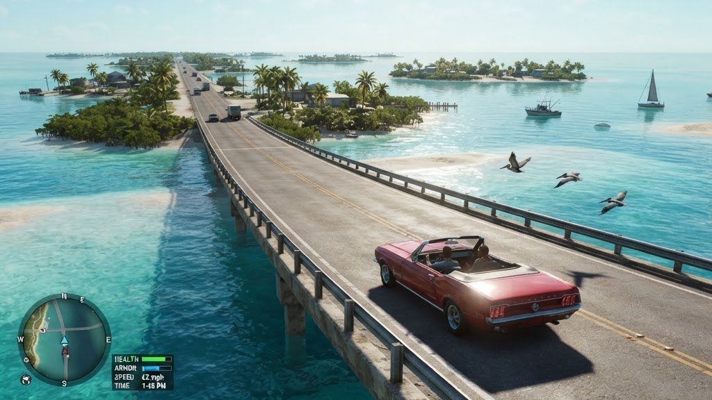 Blurred frame of a convertible on a long bridge across turquoise water between islands