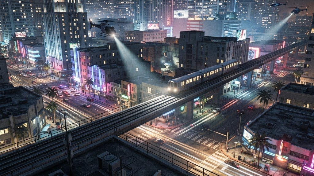 Downtown skyline at night from a rooftop with an elevated metro train and helicopter searchlights