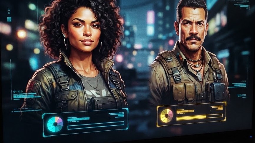 Character switch menu photographed off a monitor showing two protagonist portraits