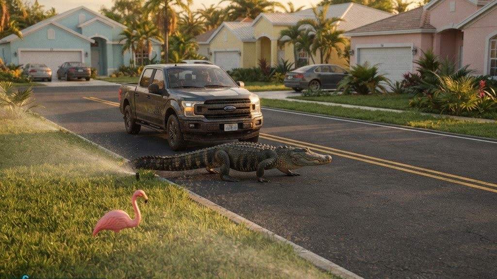 Blurred frame of an alligator crossing a suburban street in front of a stopped pickup