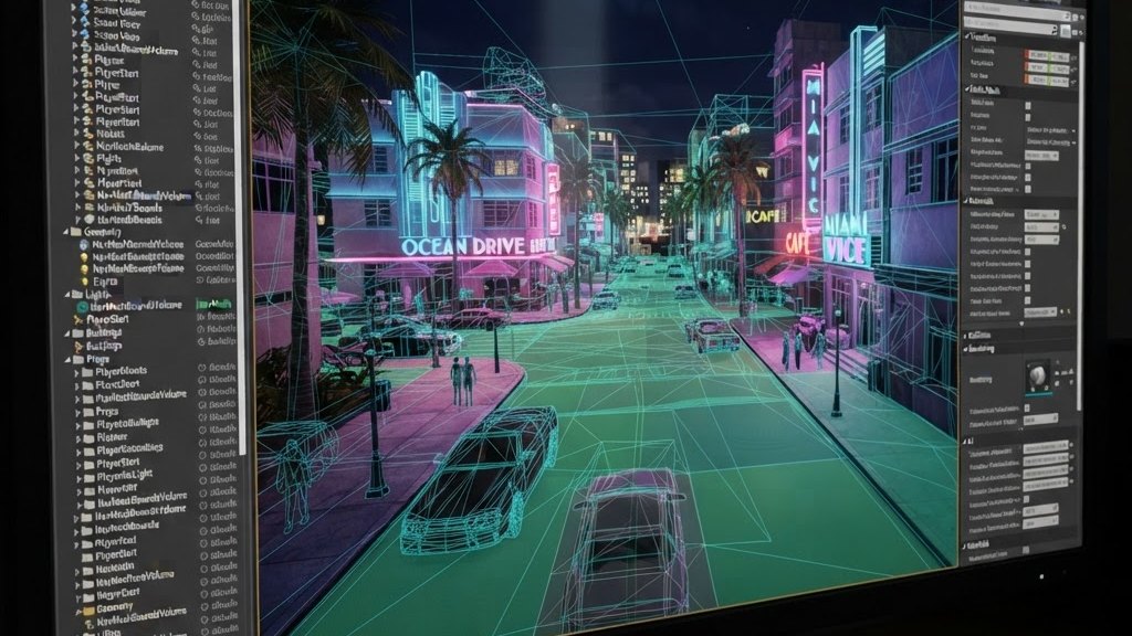 Game editor viewport photographed off a monitor showing wireframe overlays on a neon street scene
