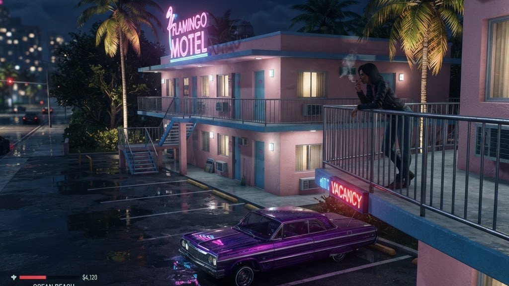 Blurred frame of a pink motel at night with a woman on the second-floor railing