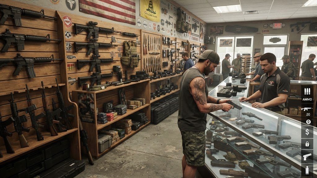 Blurred frame of a gun store interior with rifles on wall racks