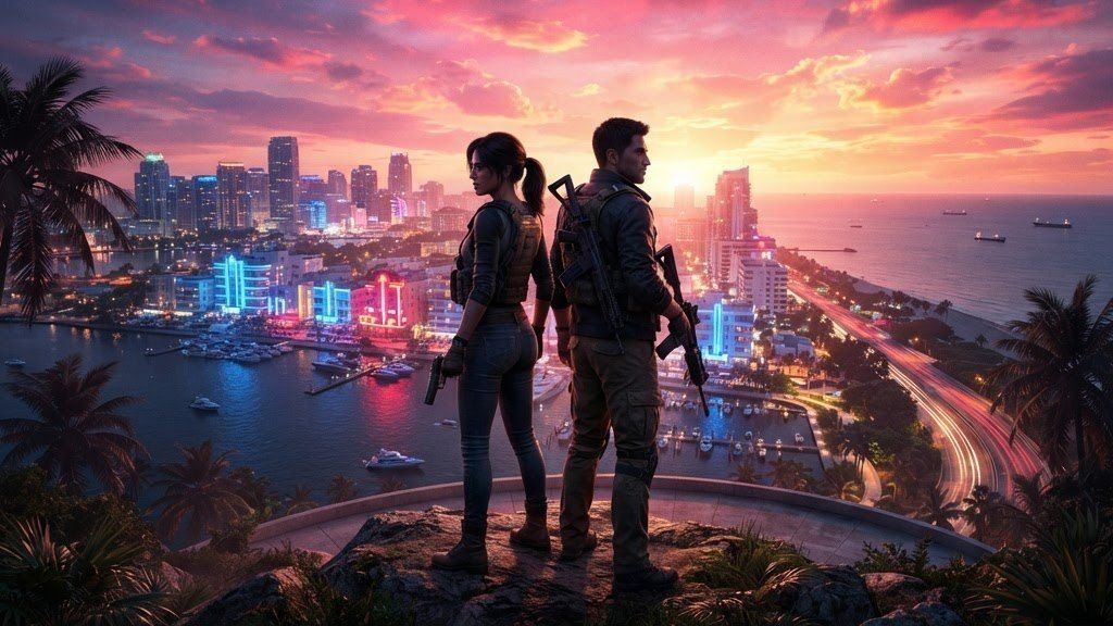 Two protagonists standing back to back in front of a neon-lit coastal skyline at sunset