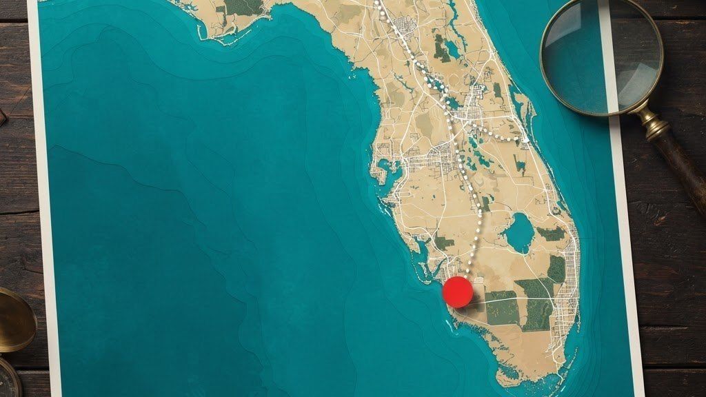 Stylized satellite map of a fictional Florida-shaped state with a red pin and route lines
