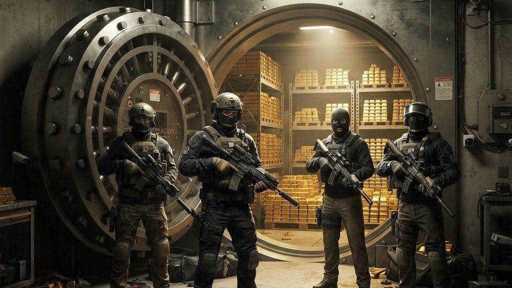 Four masked crew members standing in front of a casino vault stacked with gold bars