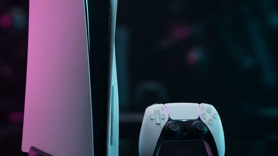 A next-gen game console standing vertically beside a controller under magenta and cyan rim lighting