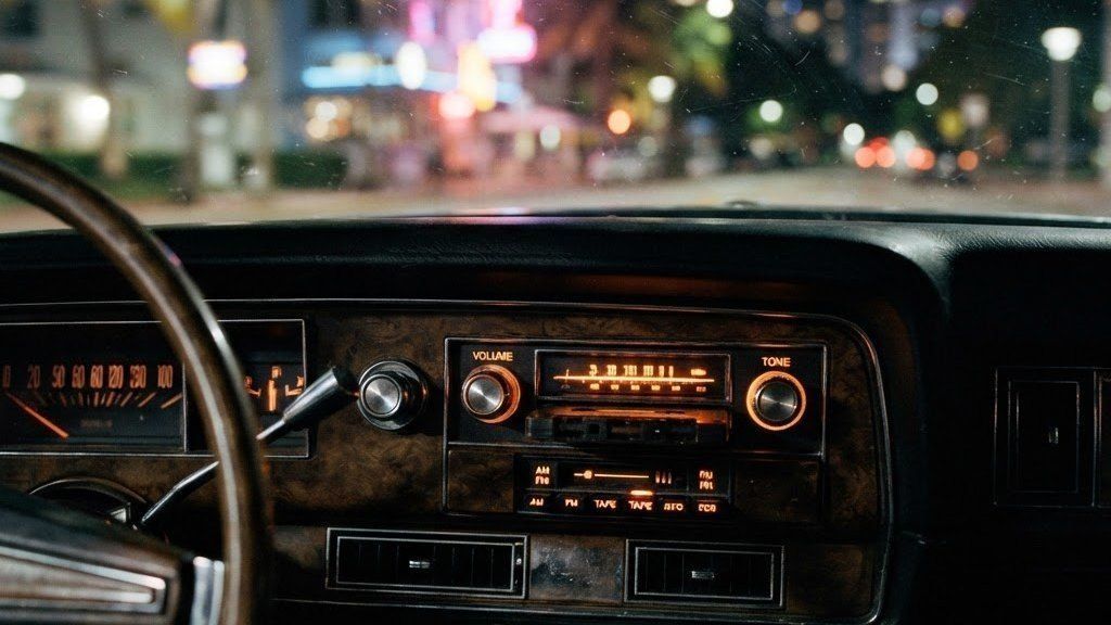 Blurred close-up of a glowing car dashboard radio with neon reflected in the windshield